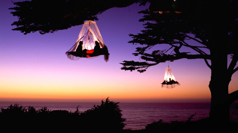 Hanging tents at sunset