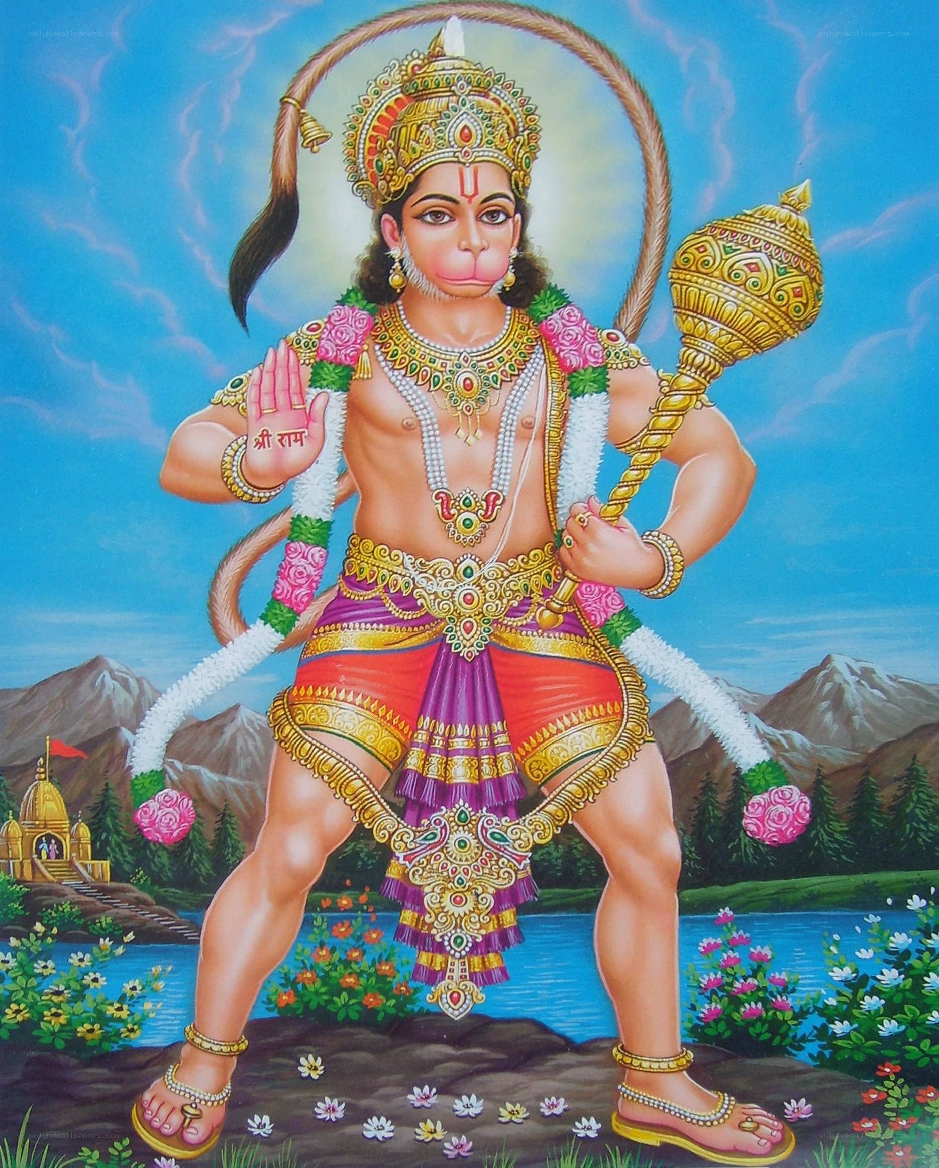 Hanuman with mace and garlands