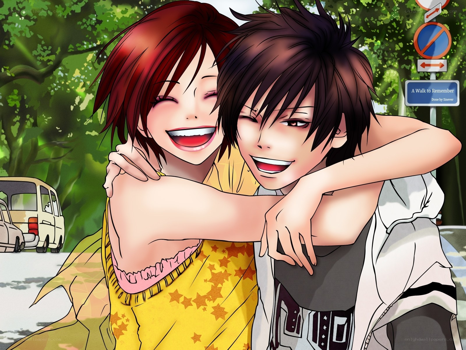 Happy anime couple hug