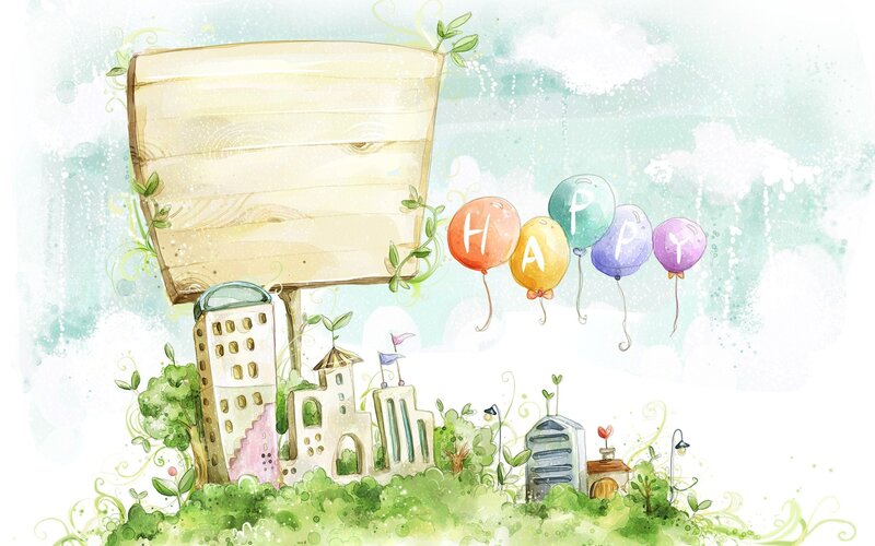 Happy balloons and wooden sign
