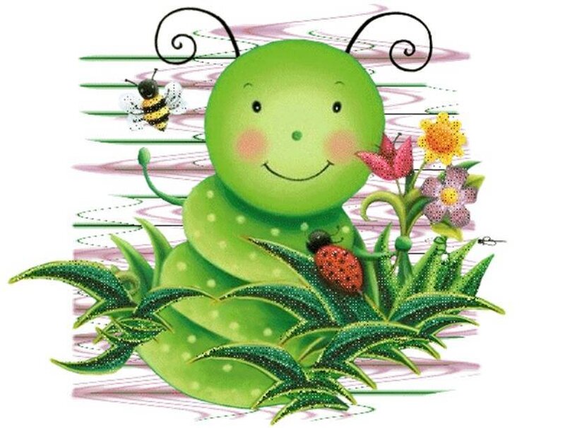 happy green caterpillar with insects