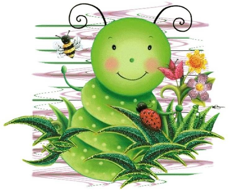 happy green caterpillar with insects