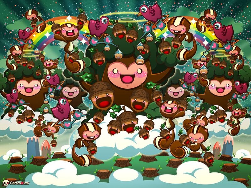 Happy squirrel family in rainbow forest