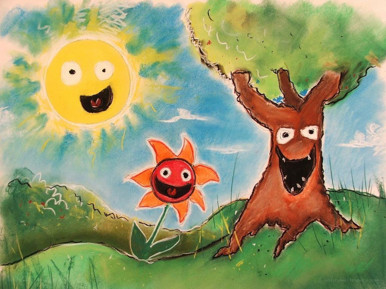 Happy sun and smiling tree