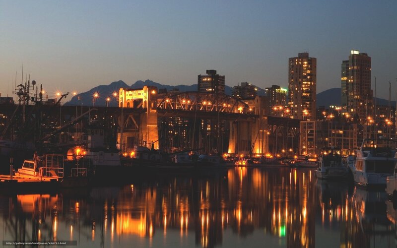 Harbor at Dusk — Blue, Calm, Night, Photograph, Bridge, Skyscraper
