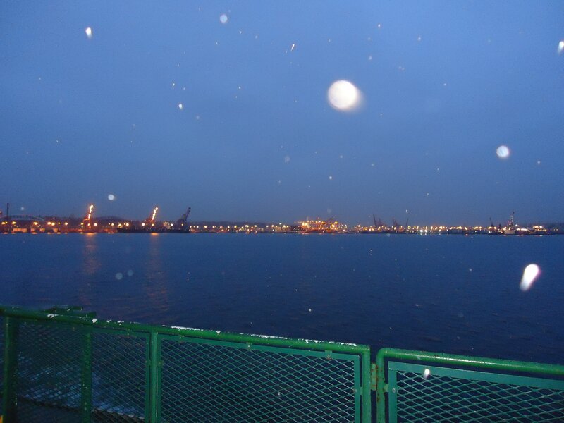 Harbor at Dusk — Blue, Calm, Night, Photograph, Cranes