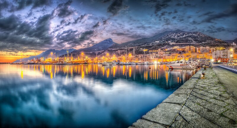 Harbor at Dusk — Blue, Dramatic, Sunset