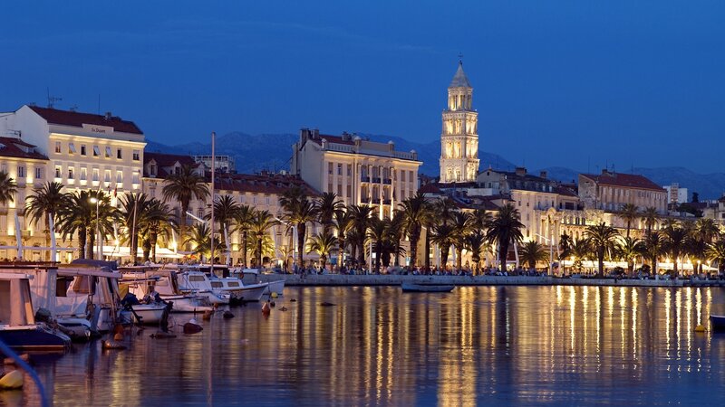 Harbor at Dusk — Blue, Serene, Night, Photograph, Buildings, Palm Trees, Boats, Tower