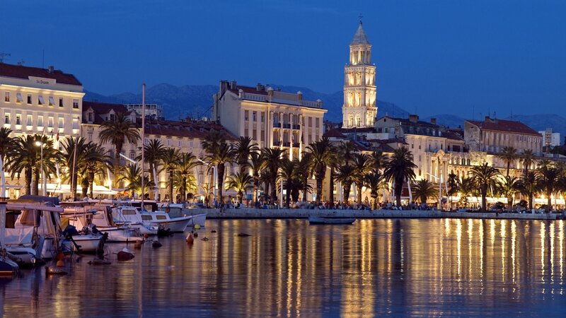 Harbor at Dusk — Blue, Serene, Night, Photograph, Buildings, Palm Trees