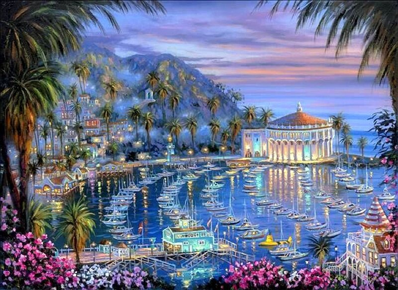 Harbor at Dusk — Blue, Serene, Sunset, Painting