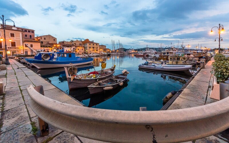 harbor at dusk with boats