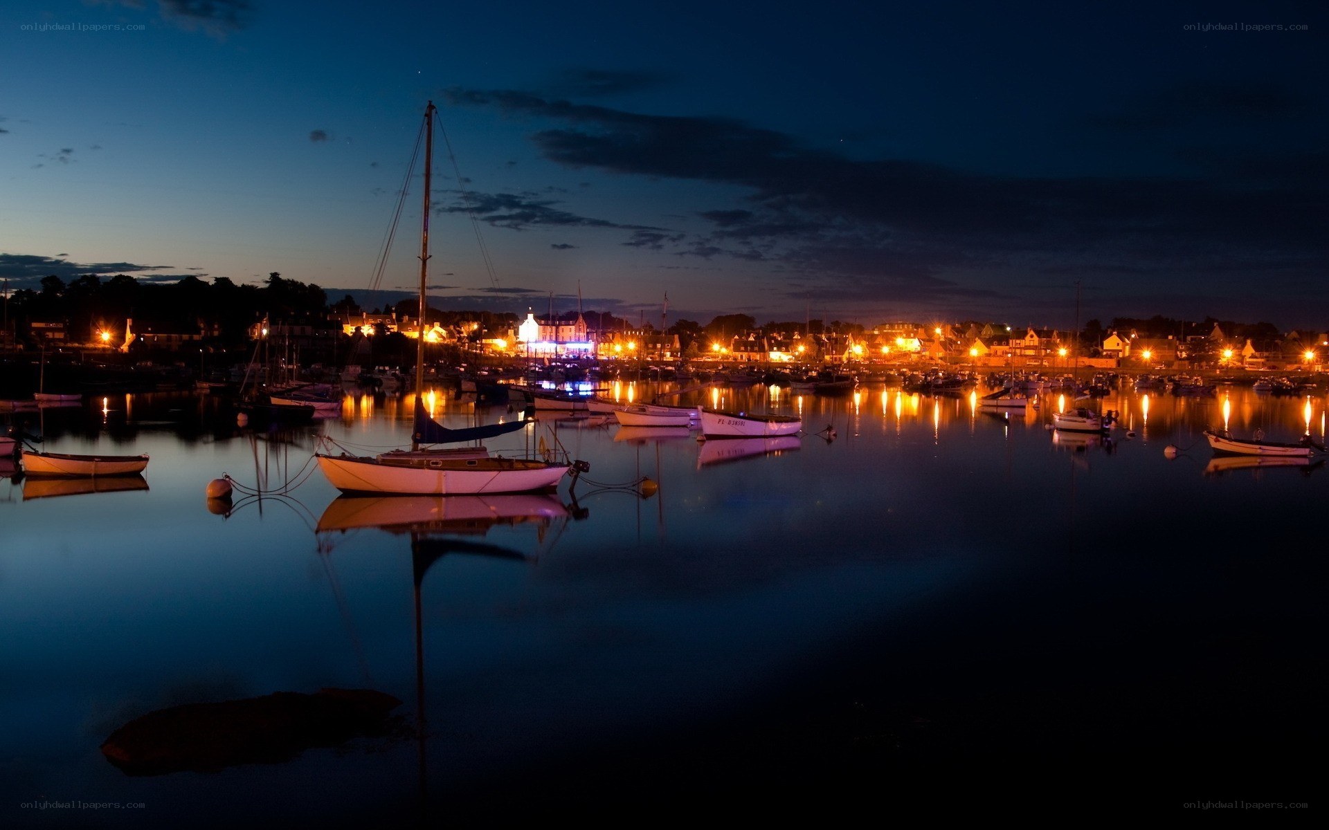 harbor at dusk with boats