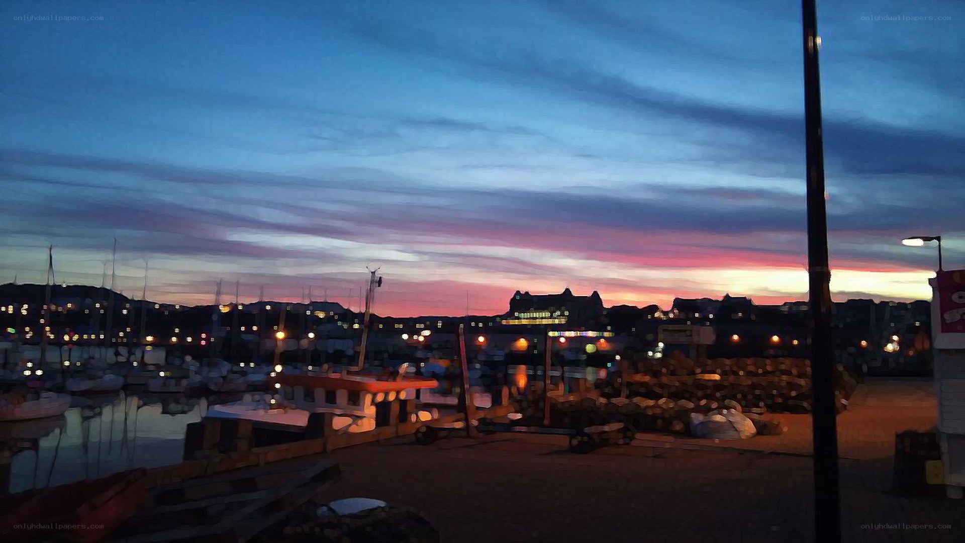 harbor at dusk with colorful sky