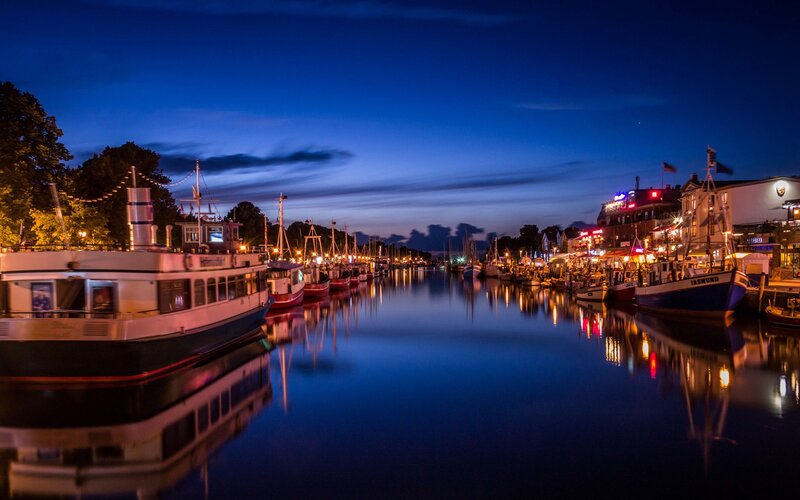 Harbor at Night — Blue, Calm, Photograph