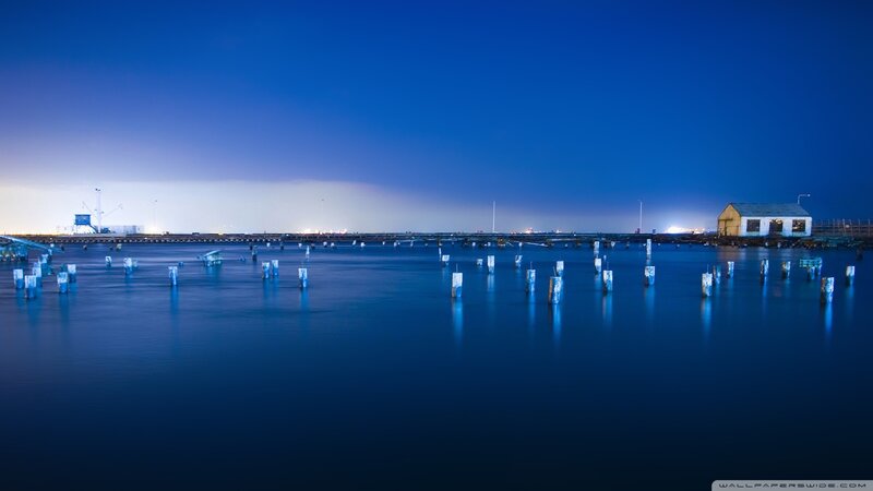 Harbor at Night — Blue, Serene, Photograph, Building
