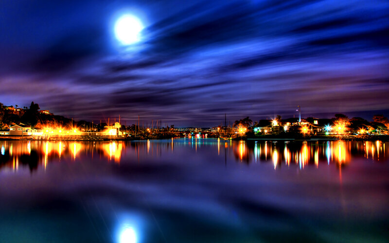 Harbor at Night — Blue, Serene, Photograph