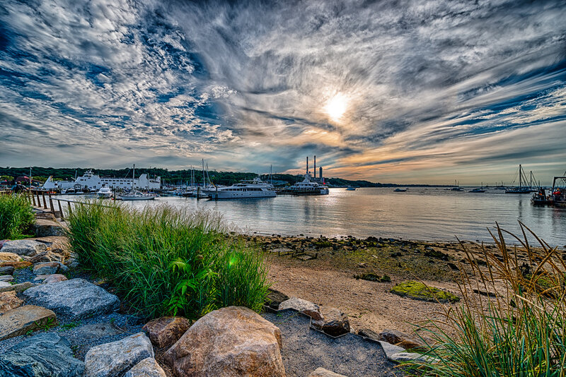 Harbor at Sunset — Blue, Dramatic, Photograph, Boats, Clouds, Rocks