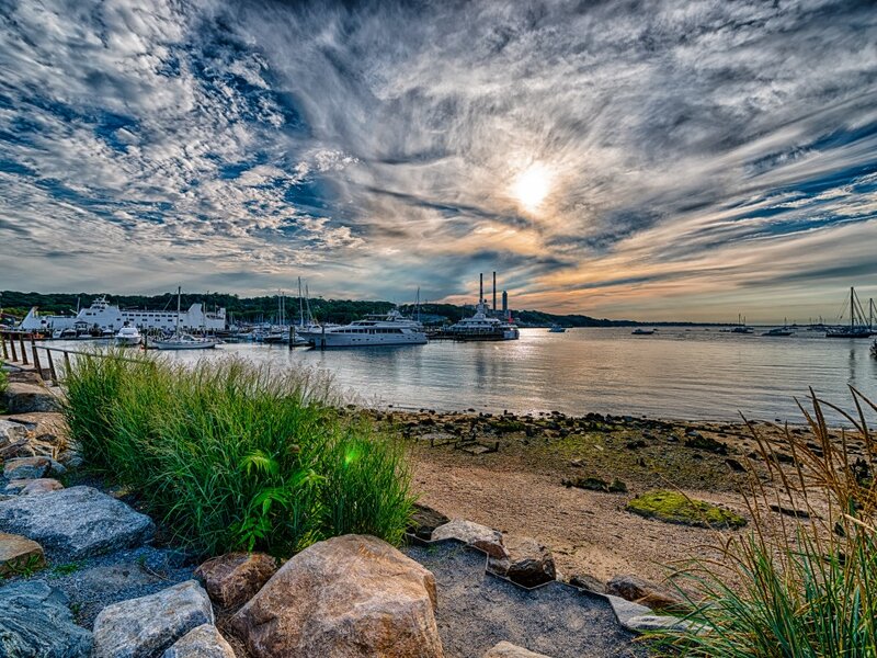Harbor at Sunset — Blue, Dramatic, Photograph, Boats, Clouds