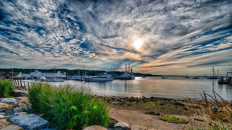 Harbor at Sunset — Blue, Dramatic, Photograph, Boats
