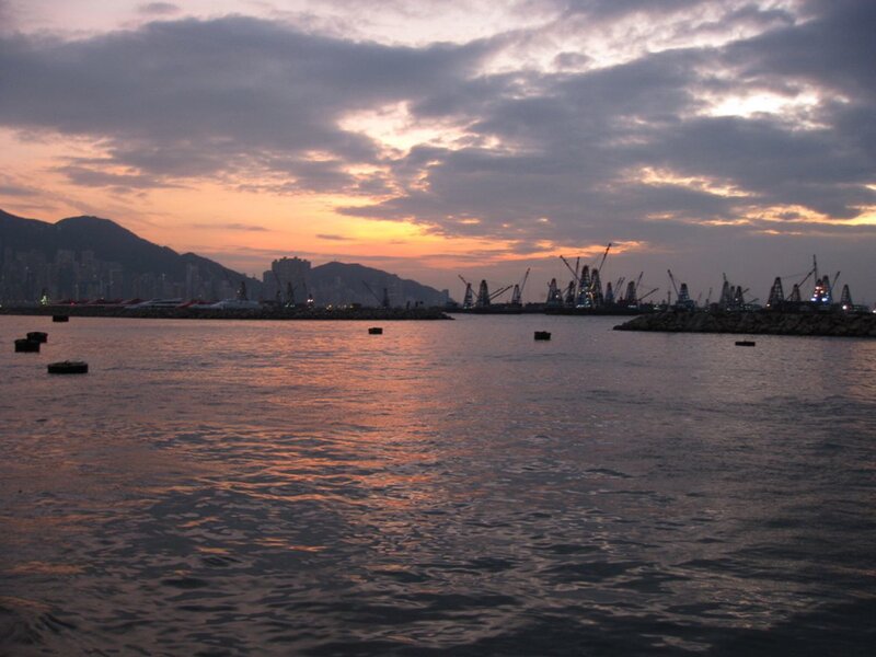 Harbor at Sunset — Orange, Serene, Photograph, City Skyline