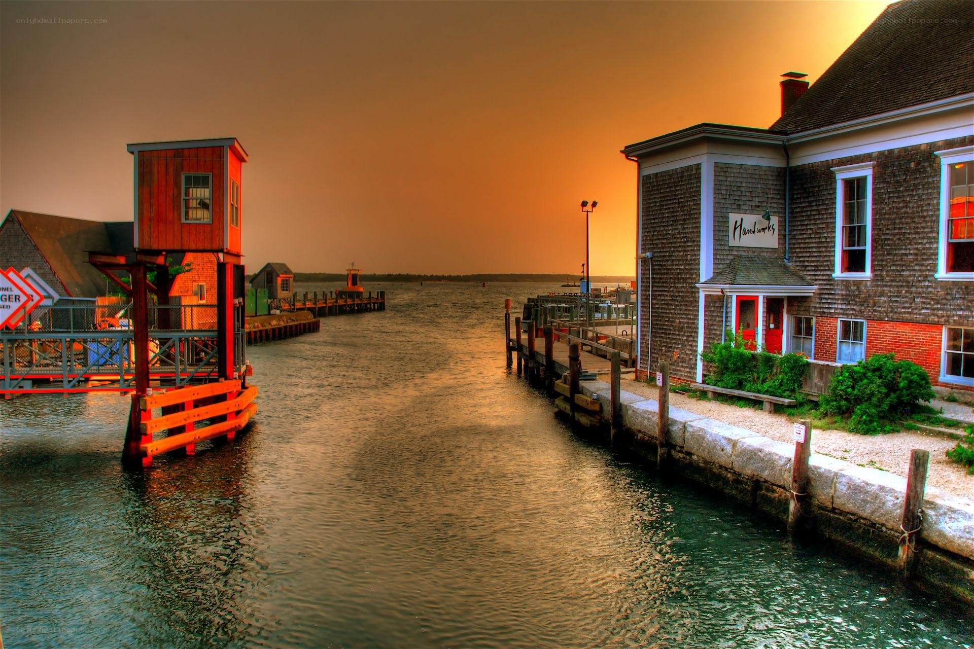 Harbor at sunset with buildings