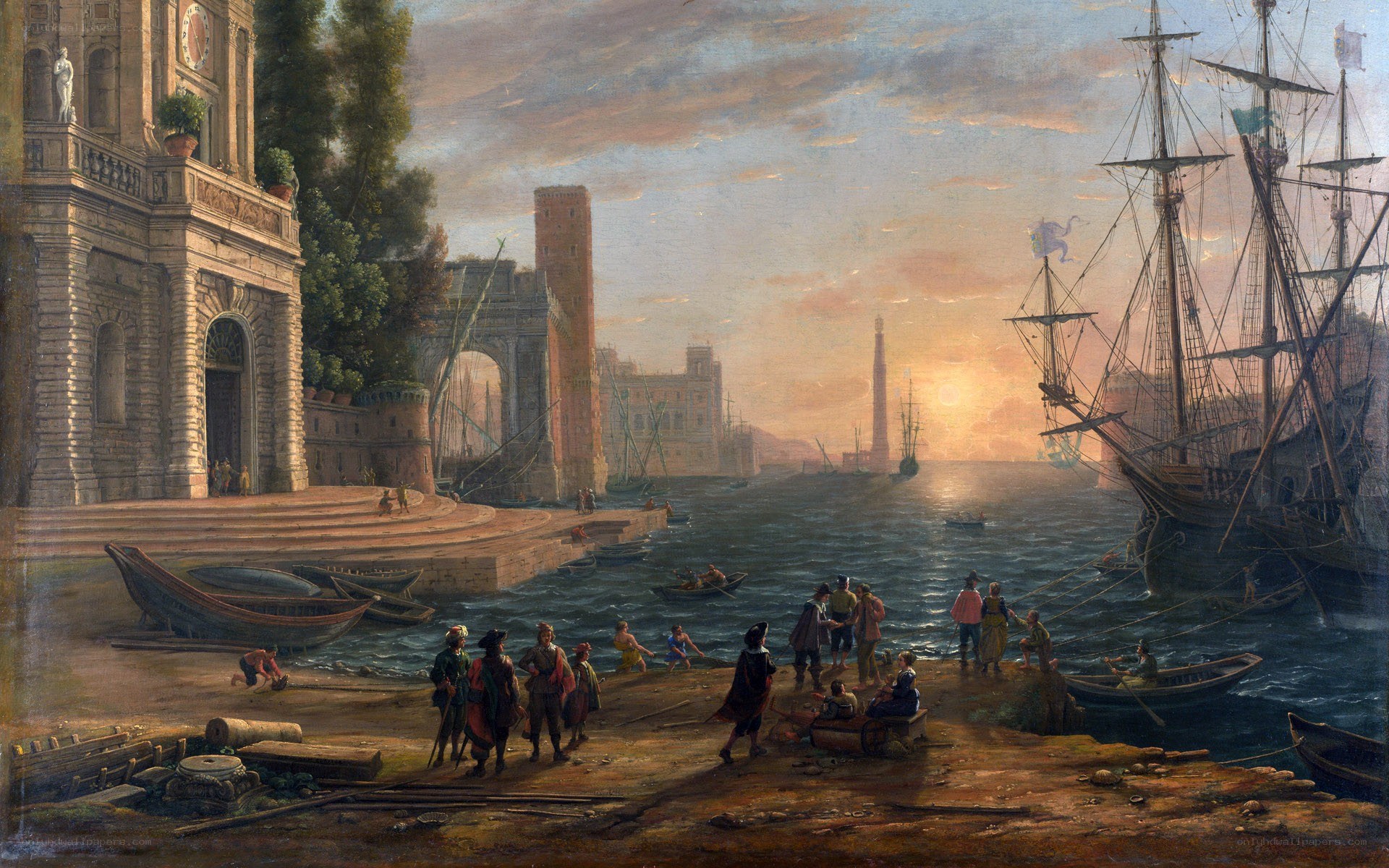 Harbor at sunset with ships
