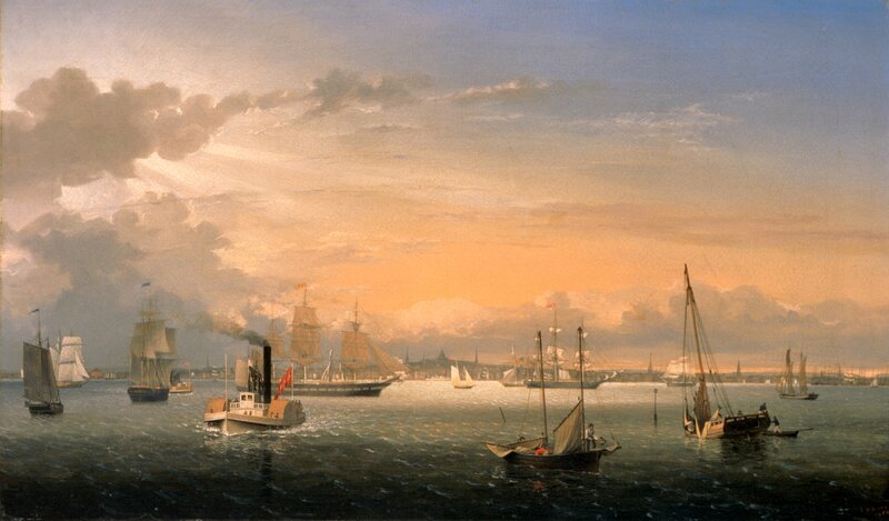 Harbor at sunset with ships