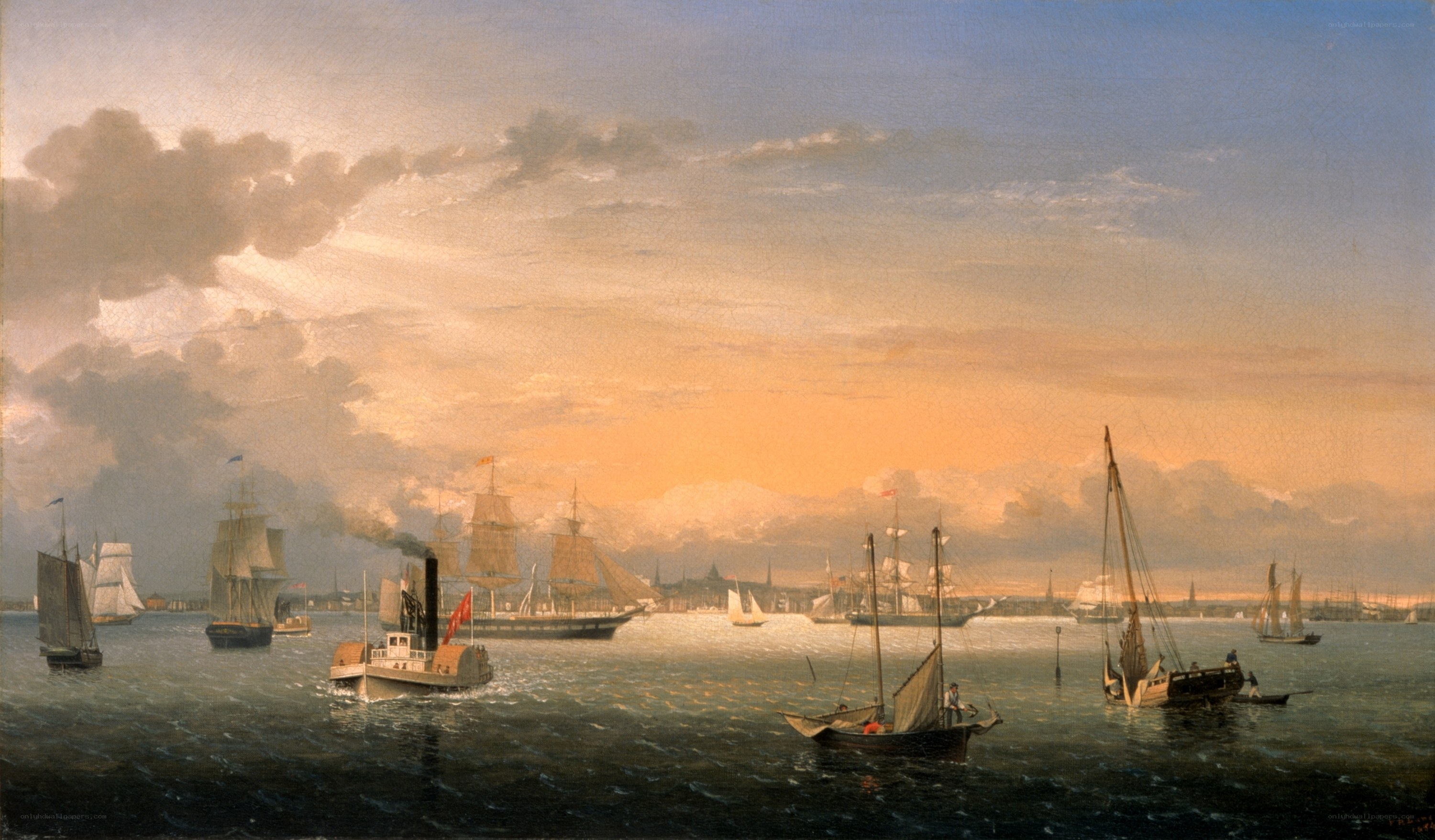 Harbor at sunset with ships