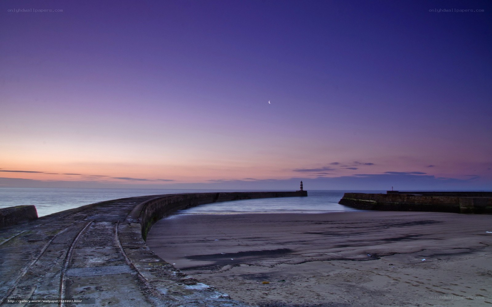 Harbor at twilight with crescent moon