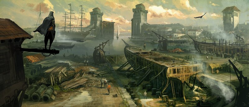 harbor cityscape with shipyard