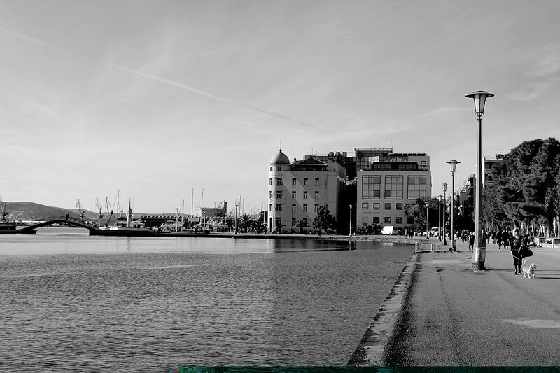 Harbor promenade with buildings