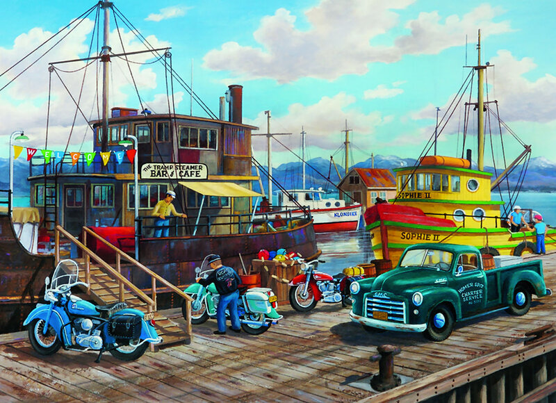 Harbor Scene with Boats — Blue