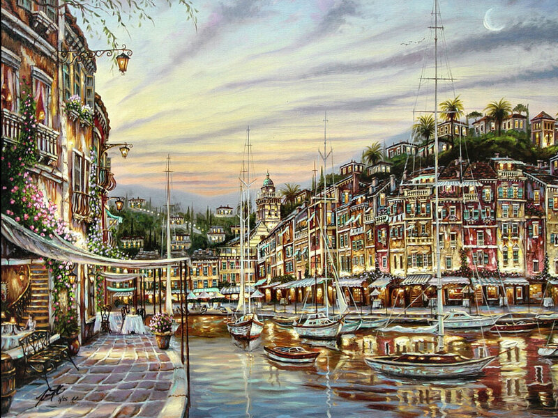 Harbor Town at Dusk — Blue, Serene, Night