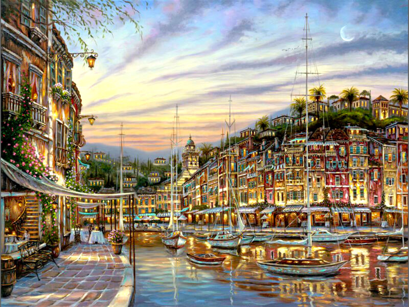 Harbor Town at Dusk — Blue, Serene, Sunset