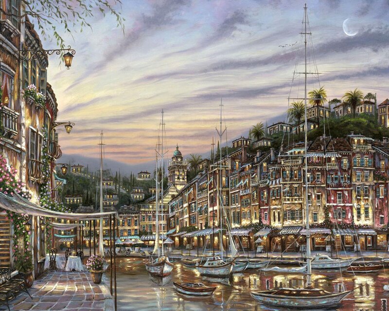 Harbor Town at Dusk — Blue, Serene