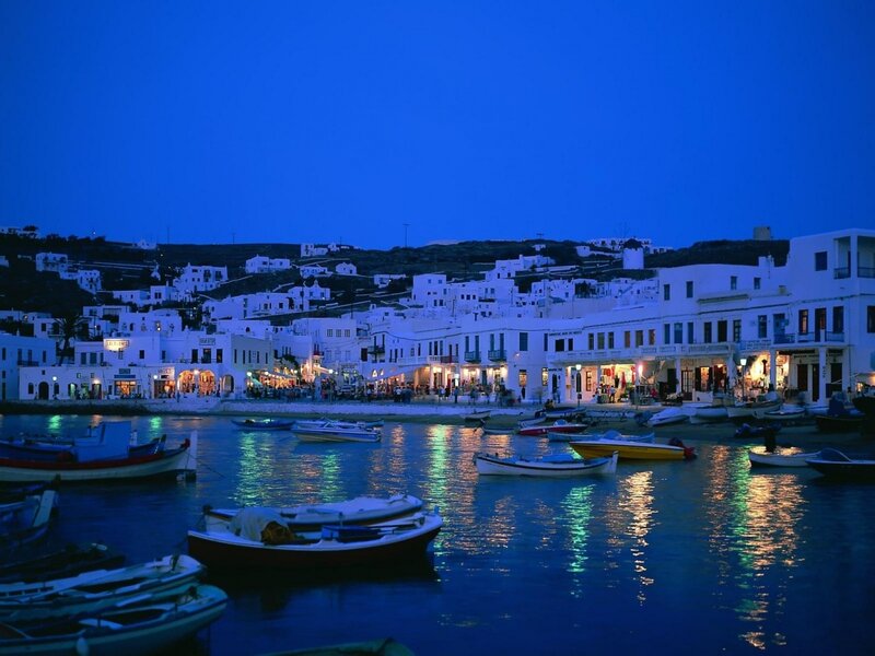 Harbor Town at Night — Blue, Serene, Photograph, Boats, Buildings