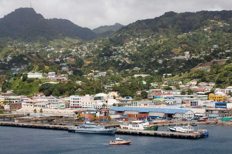 Harbor Town on Hillside — Blue, Overcast