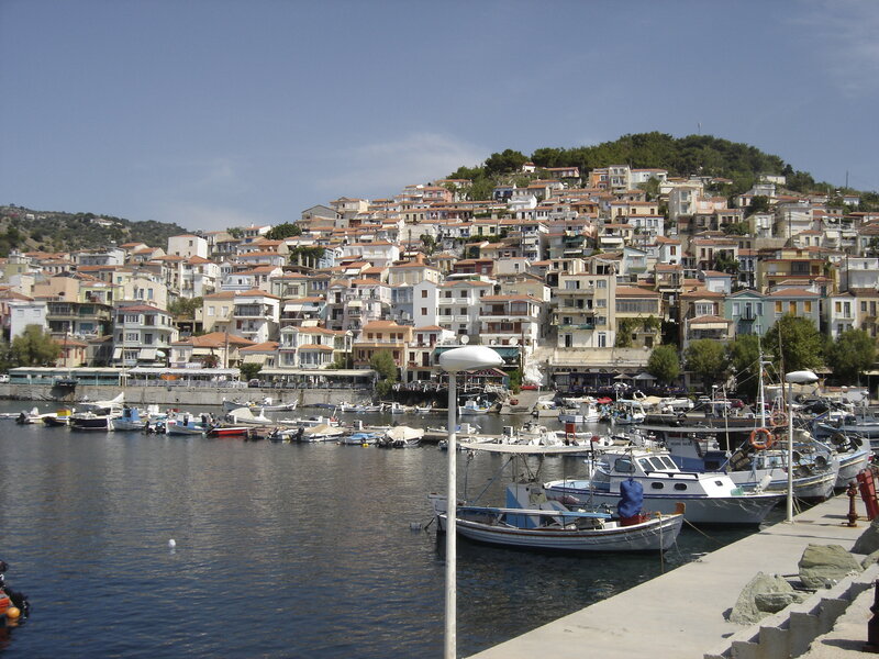 Harbor Town on Hillside — Blue, Serene, Afternoon