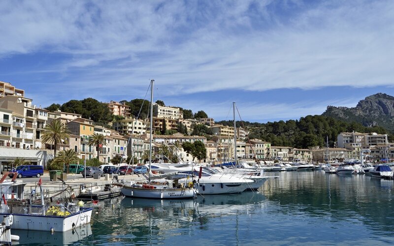 harbor town with boats and buildings