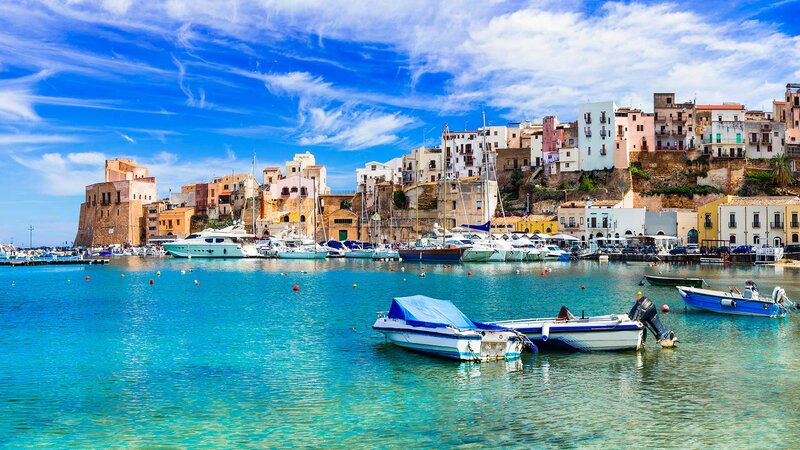 Harbor Town with Boats — Blue, Serene, Afternoon, Photograph, Buildings, Castle