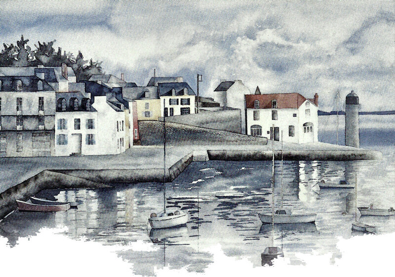 Harbor Town with Boats — Blue