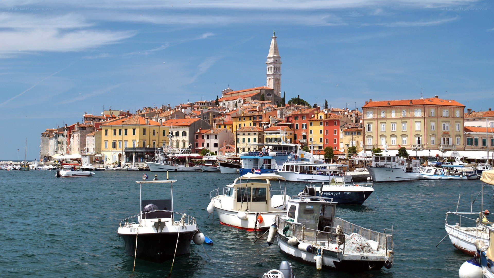 harbor town with church tower