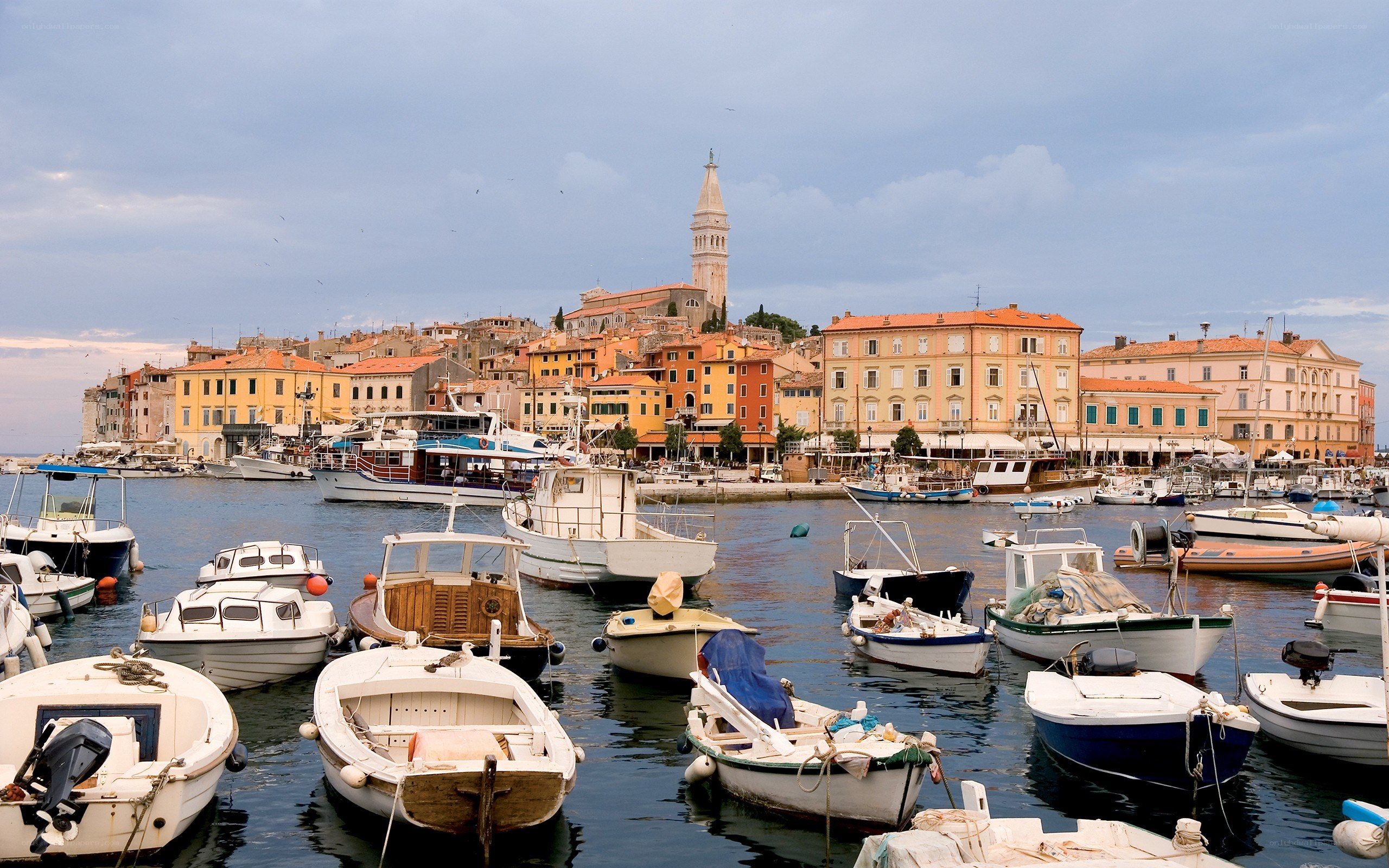 harbor town with church tower