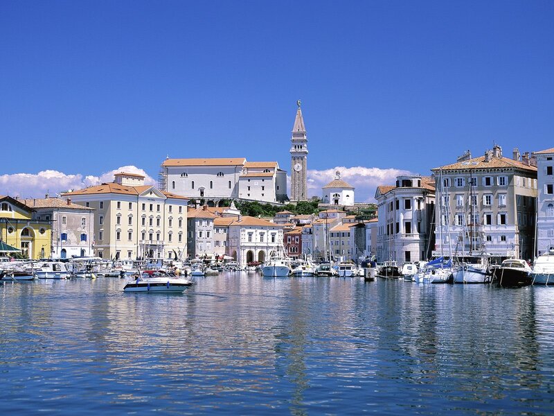 harbor town with clock tower