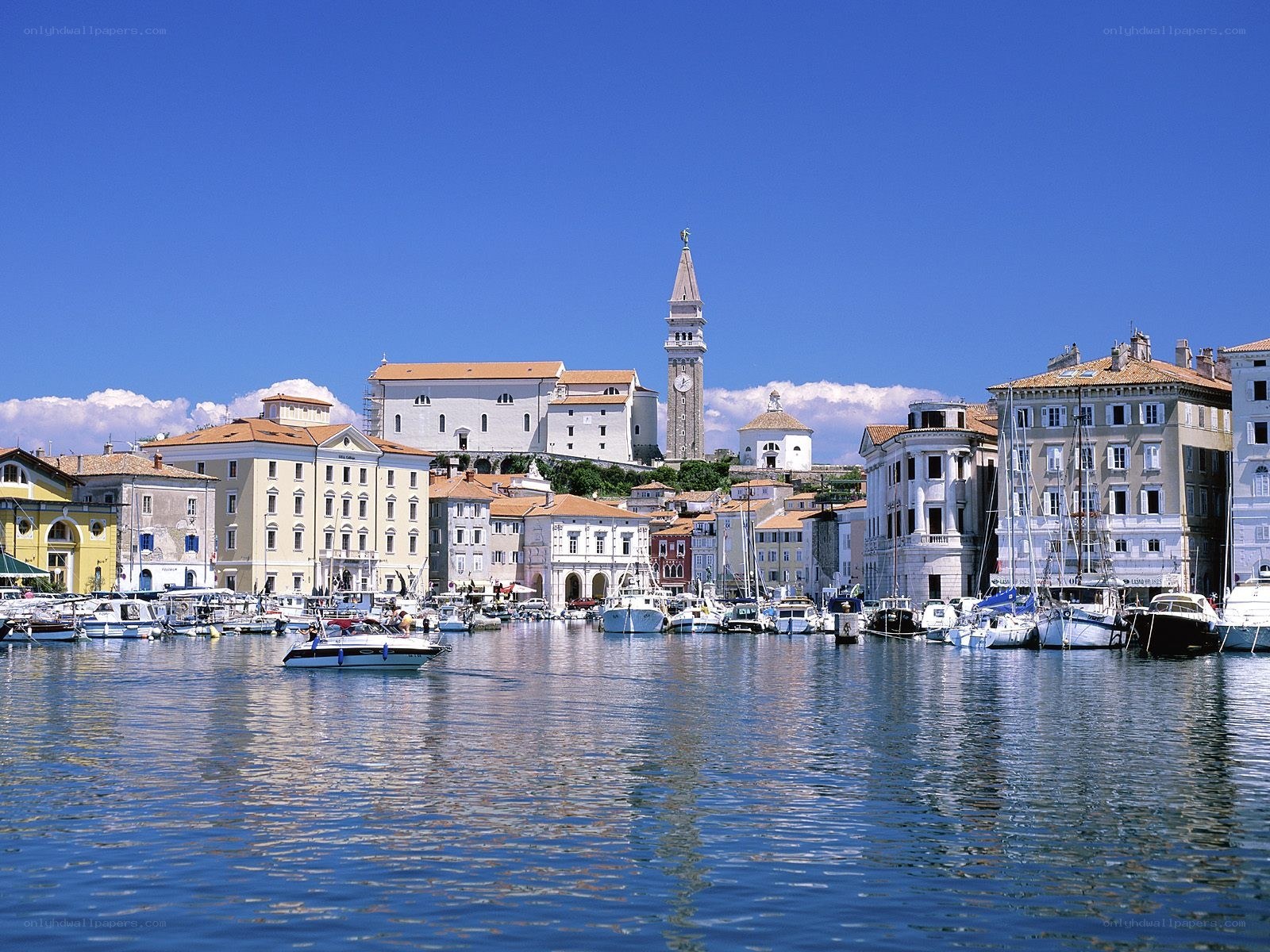 harbor town with clock tower