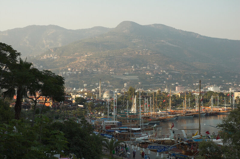 harbor town with mountains