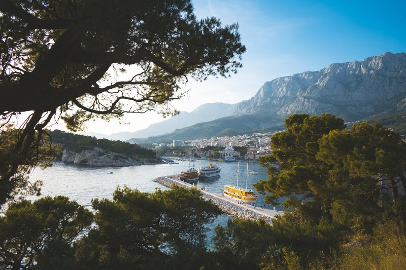 Harbor Town with Mountains — Blue