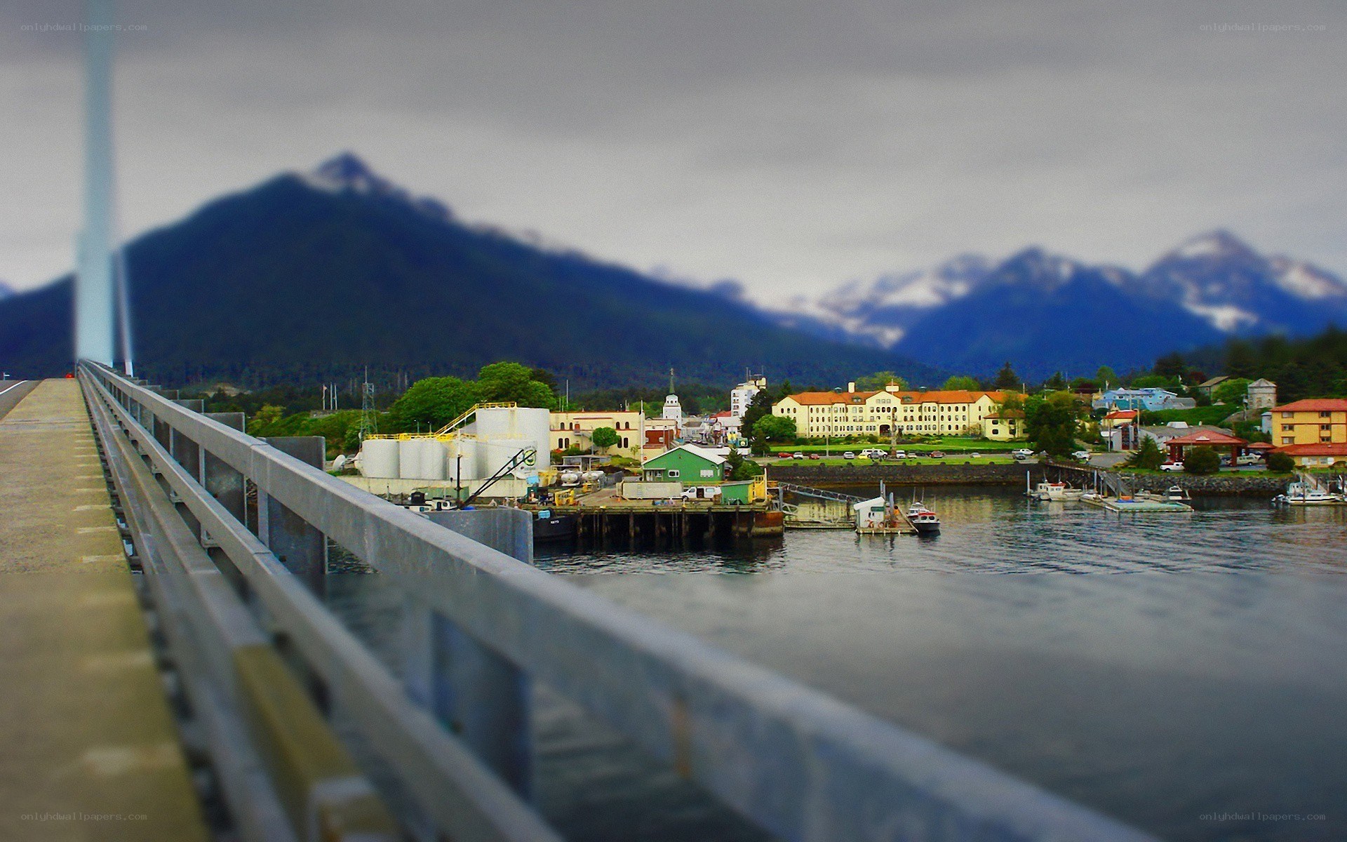 Harbor town with mountains in background