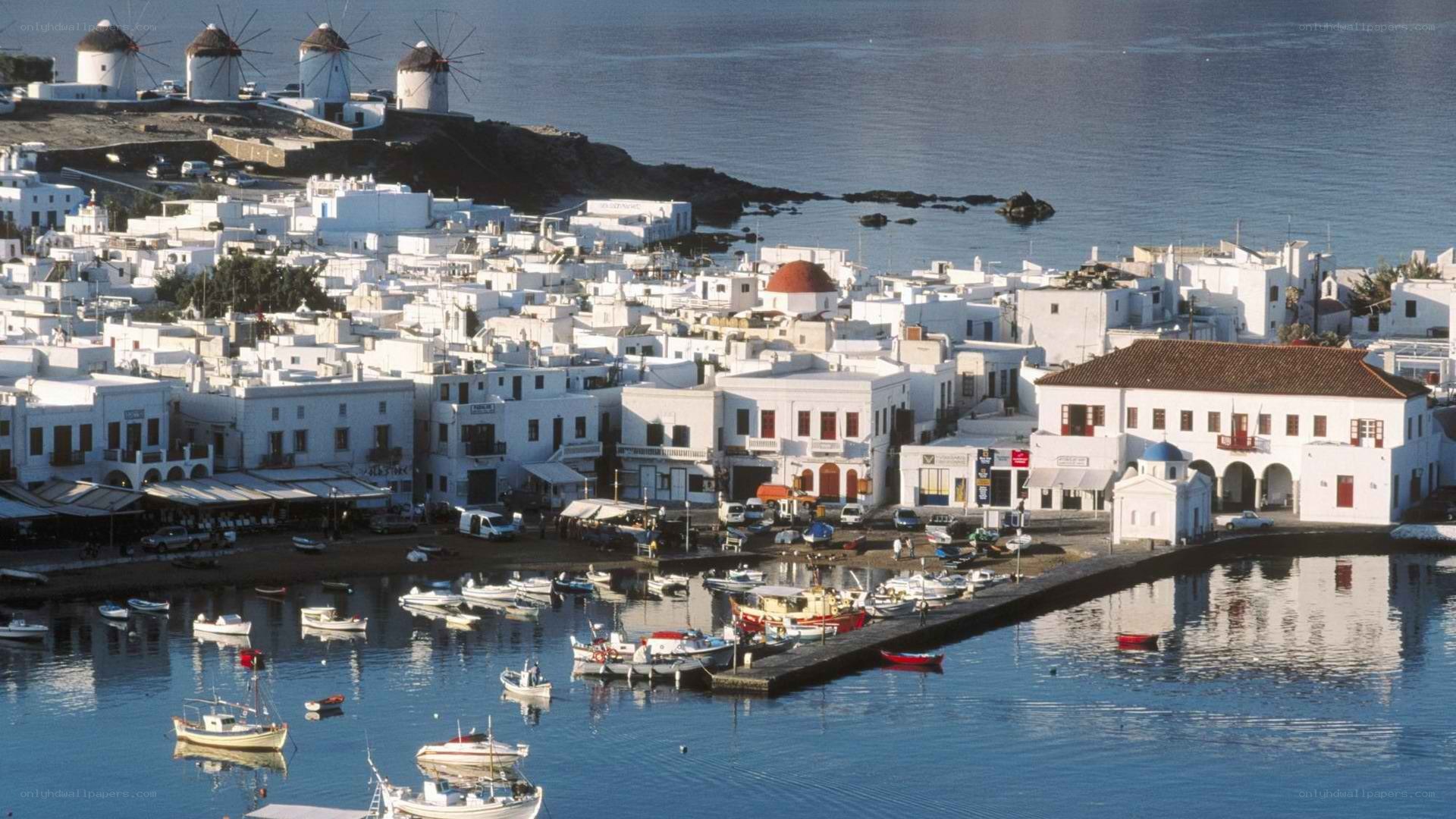 Harbor town with windmills