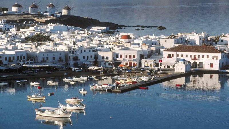 Harbor town with windmills